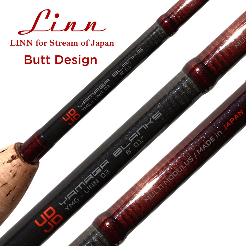 Load image into Gallery viewer, Close-up of YAMAGA LINN fly rod showing detailed view of the distinctive butt design and craftsmanship.
